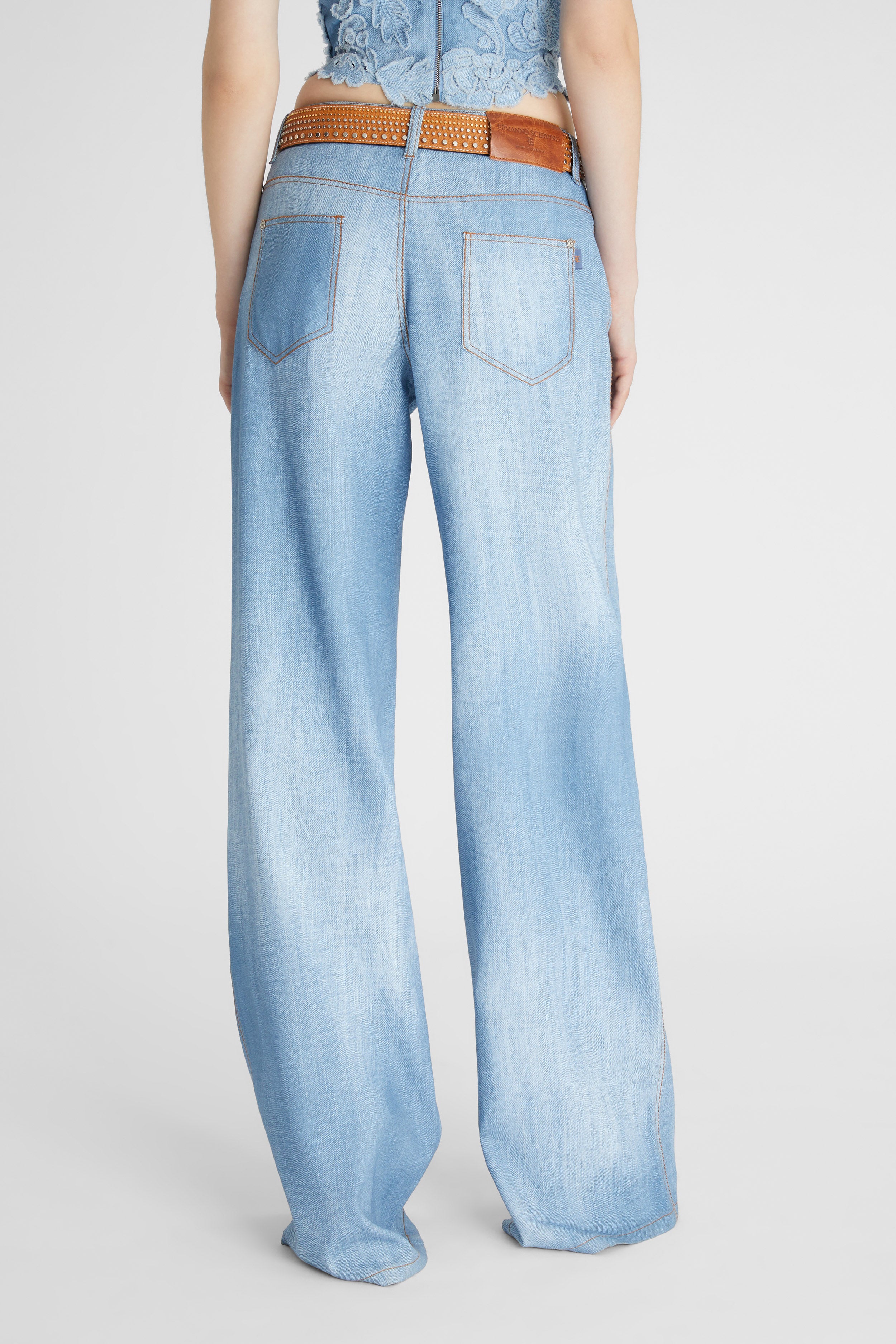 Palazzo trousers marocain denim print medium light blue - Ermanno