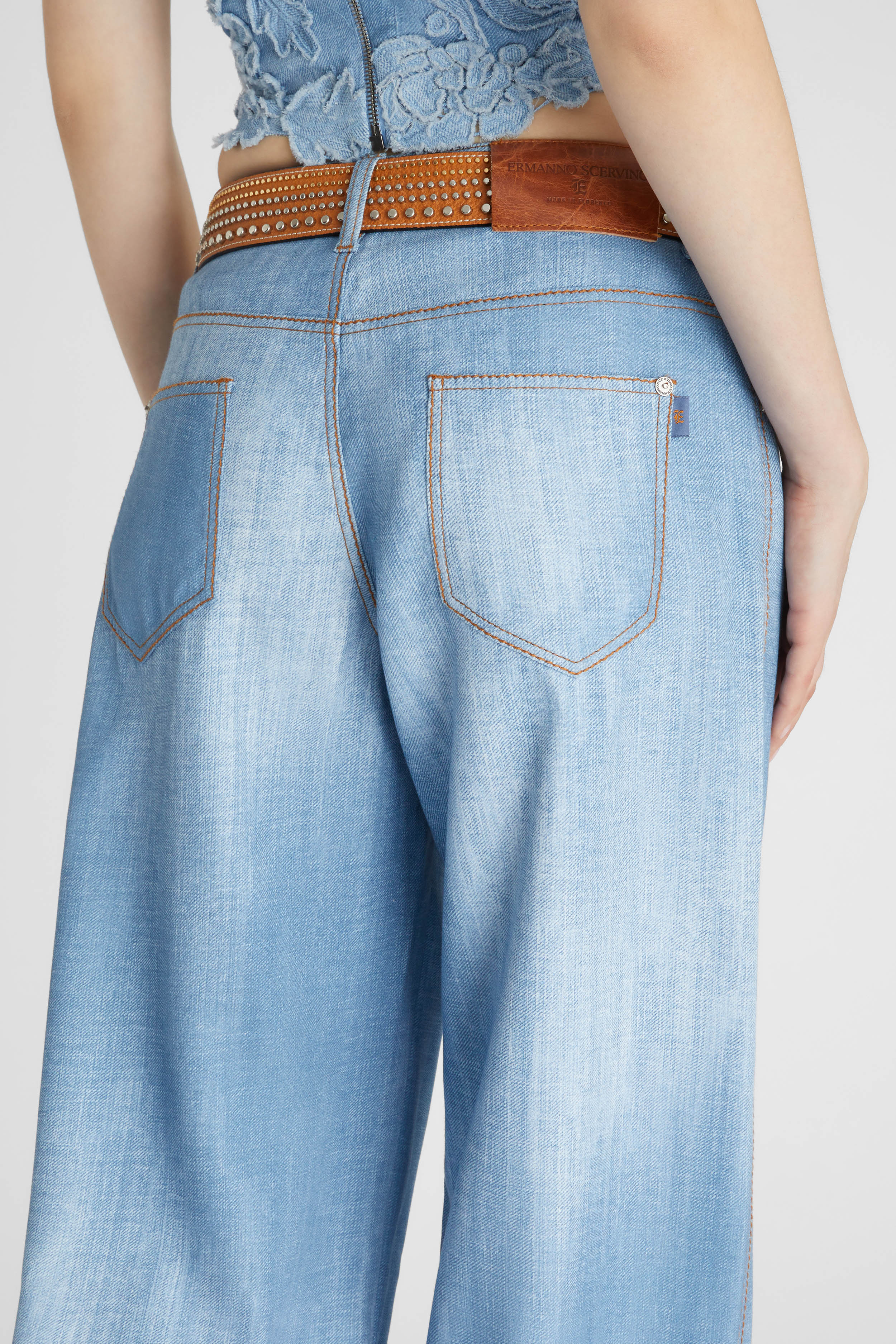 Palazzo trousers marocain denim print medium light blue - Ermanno
