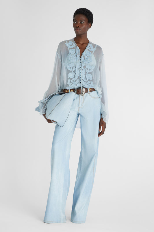 Palazzo trousers in marocain denim print light wash