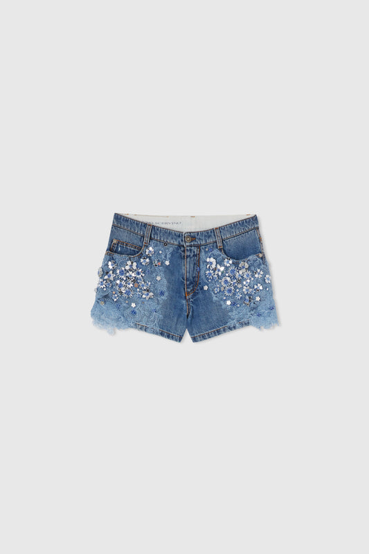Denim shorts with hand-made stone and lace applications