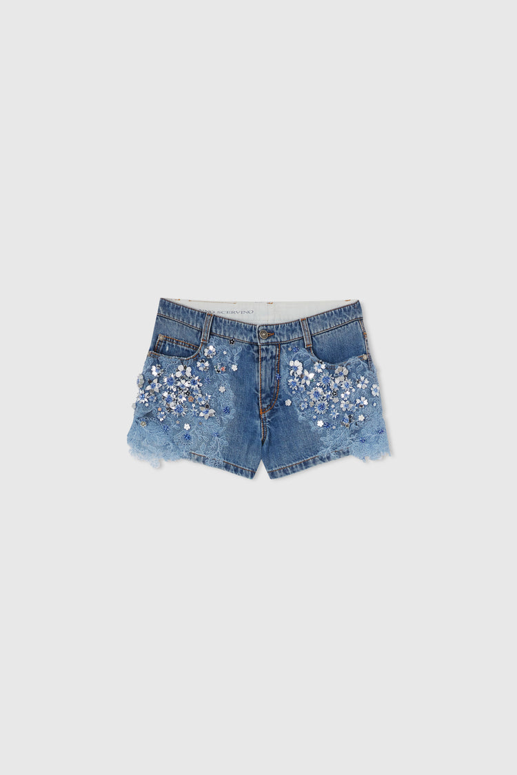 Denim shorts with hand-made stone and lace applications