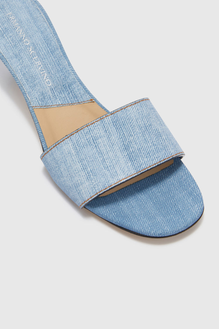 Light wash denim print marocain mule