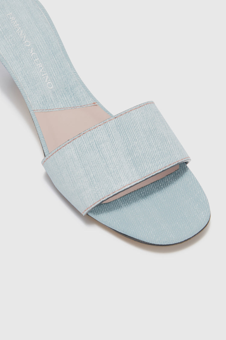 Mule in marocain stampa denim lavaggio chiaro