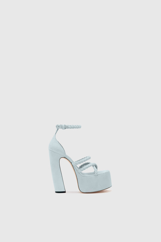 Platform in light blue nuvolato suede with hand-woven straps
