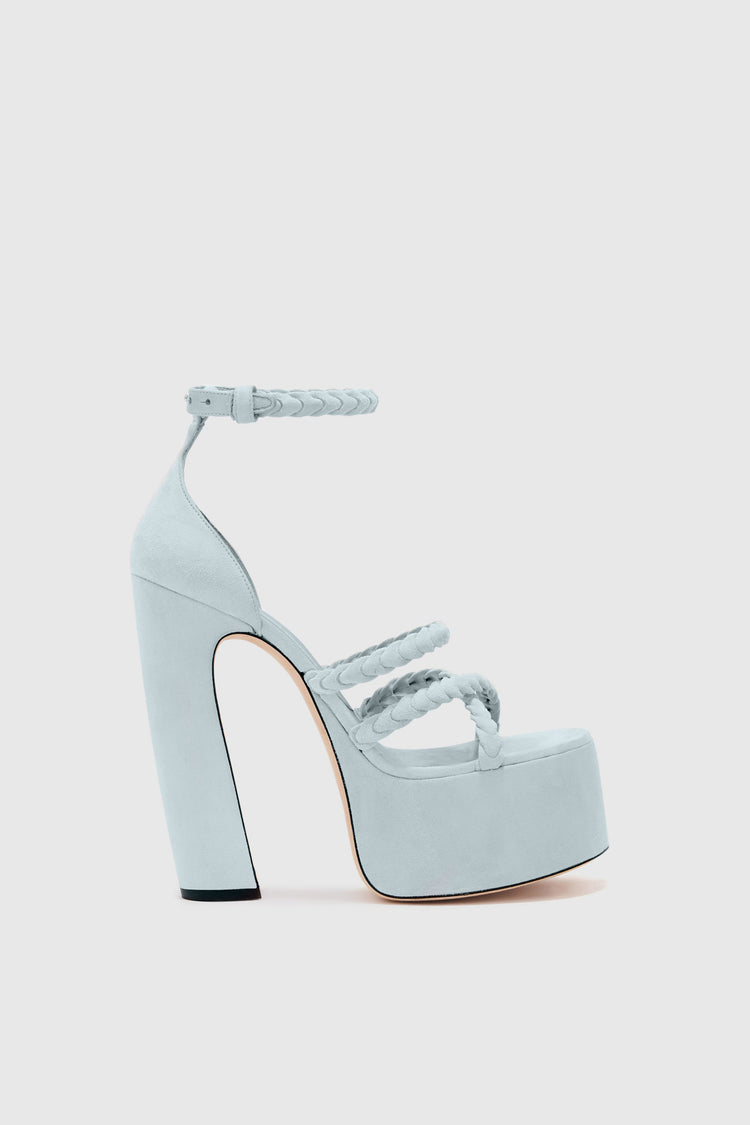 Platform in light blue nuvolato suede with hand-woven straps