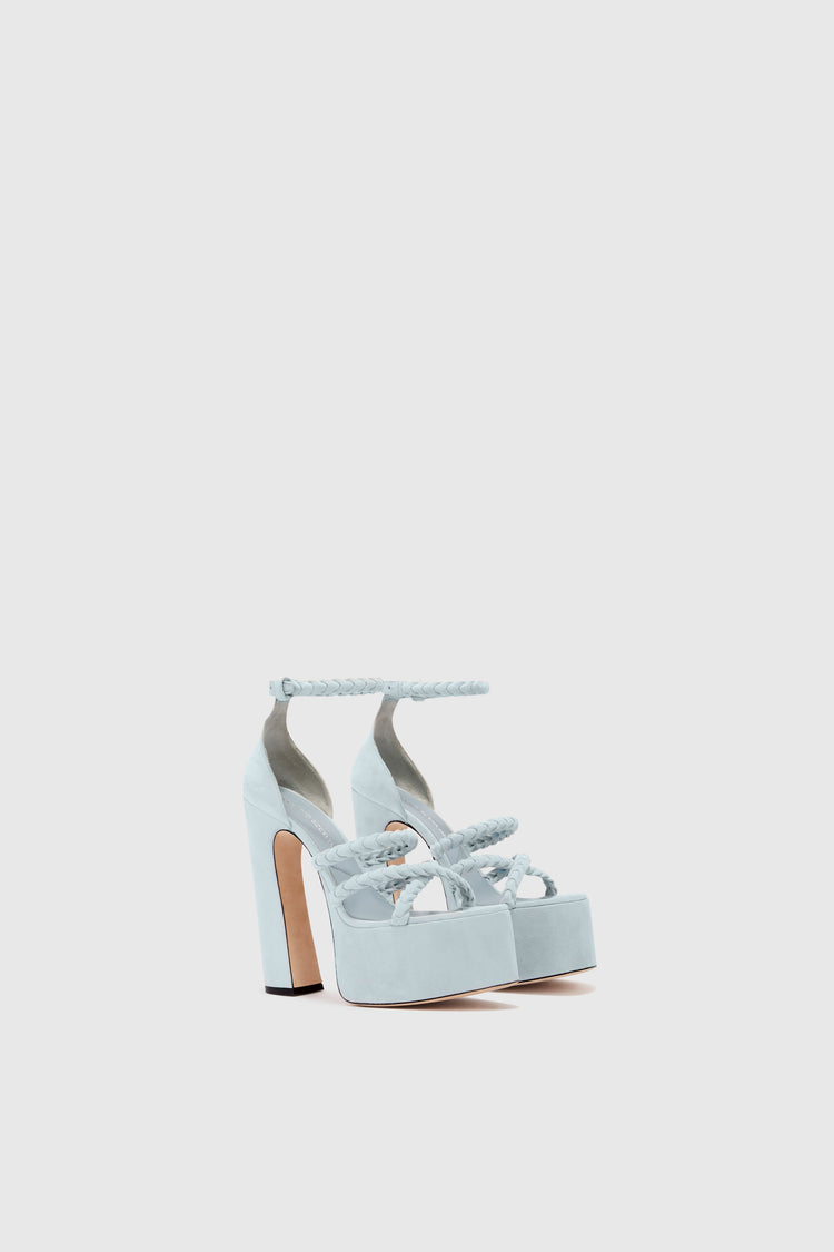 Platform in light blue nuvolato suede with hand-woven straps