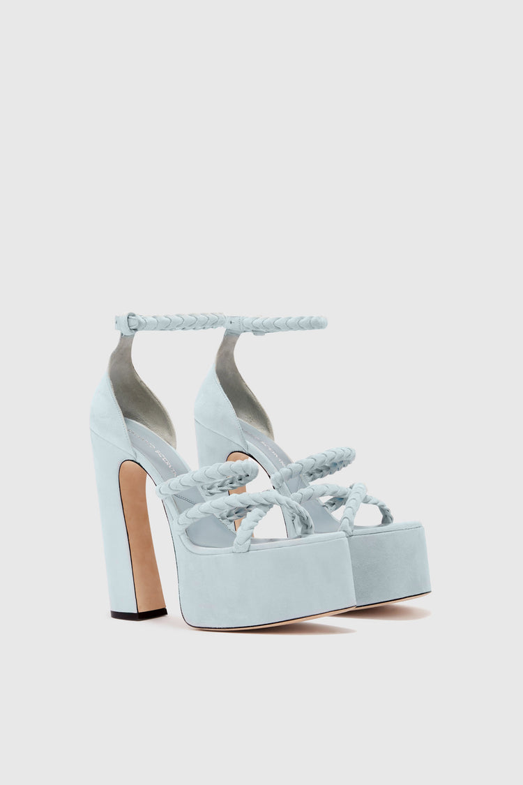 Platform in light blue nuvolato suede with hand-woven straps