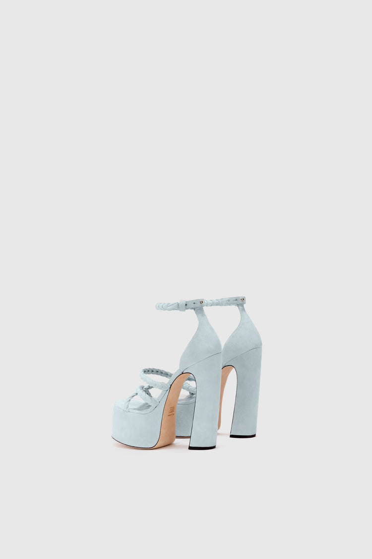 Platform in light blue nuvolato suede with hand-woven straps