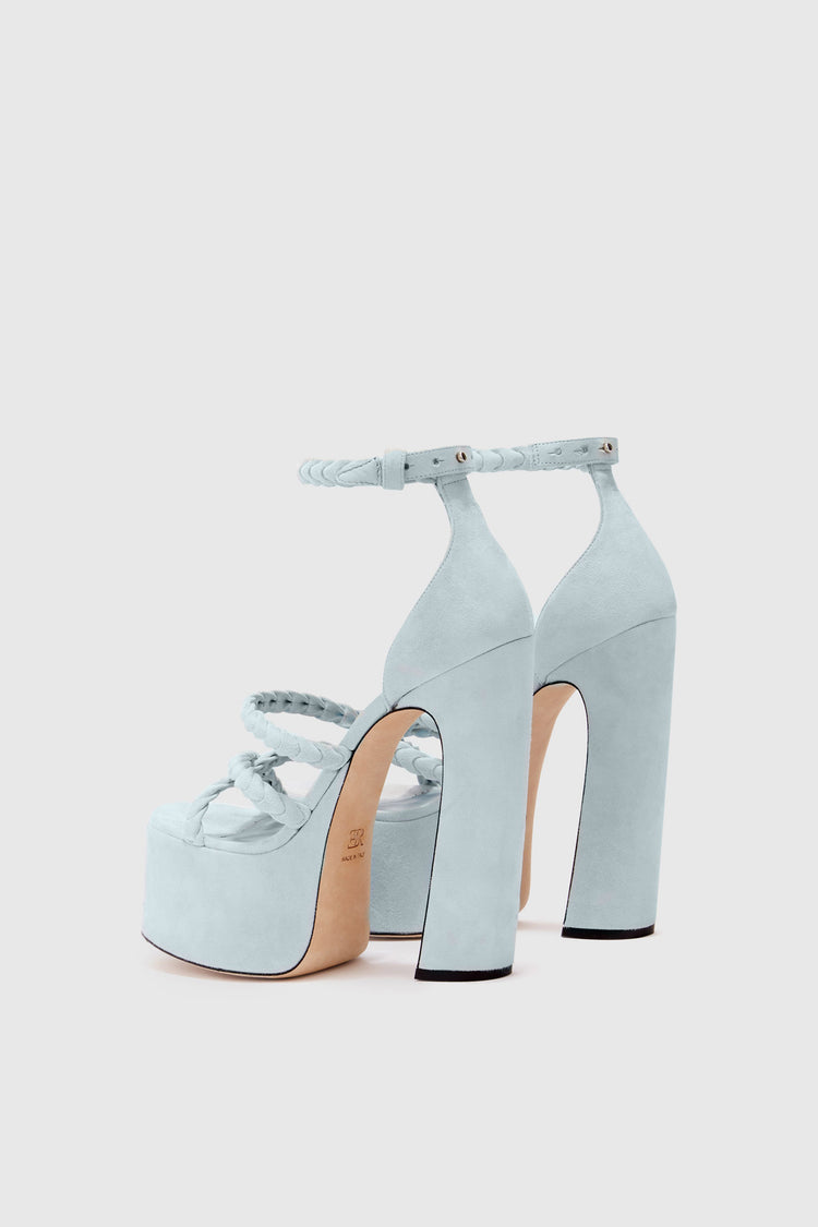 Platform in light blue nuvolato suede with hand-woven straps