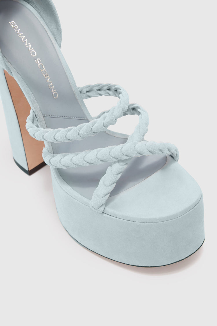 Platform in light blue nuvolato suede with hand-woven straps
