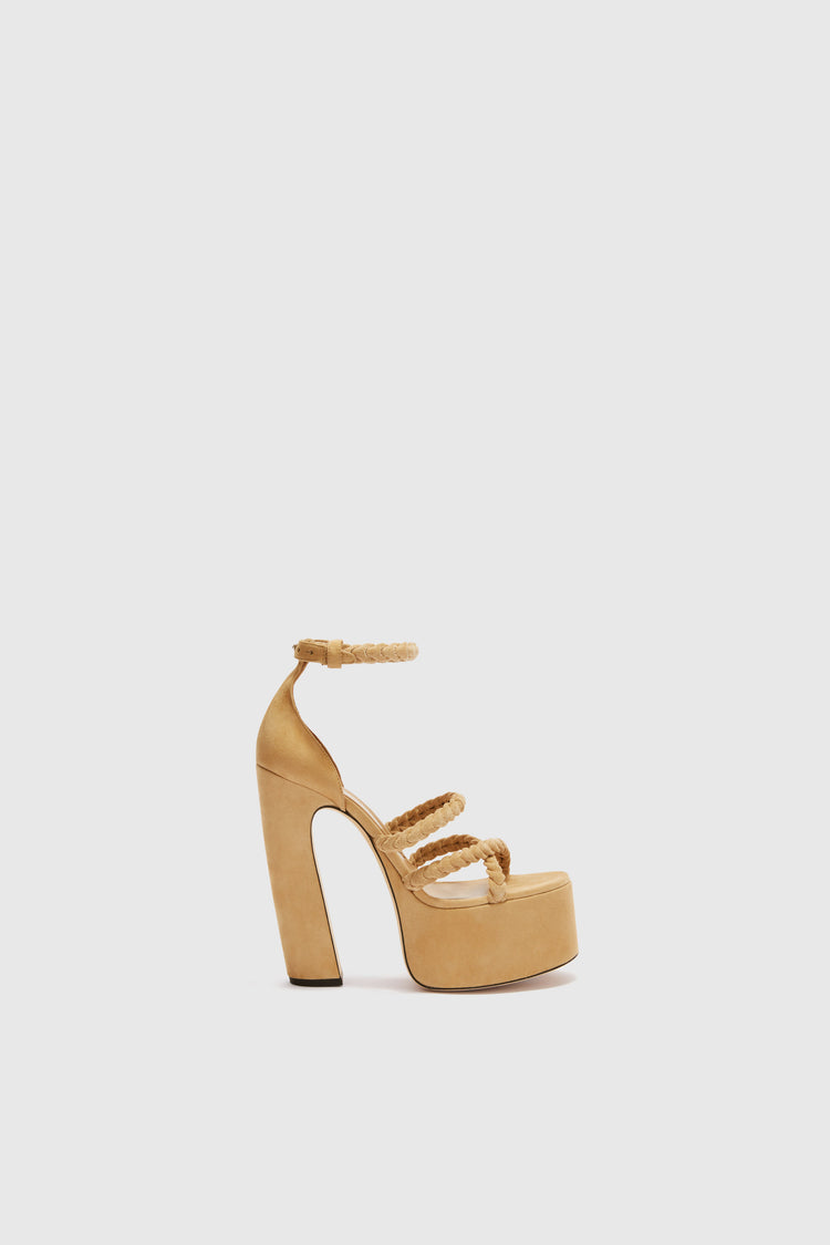 Platform in beige nuvolato suede with hand-woven straps