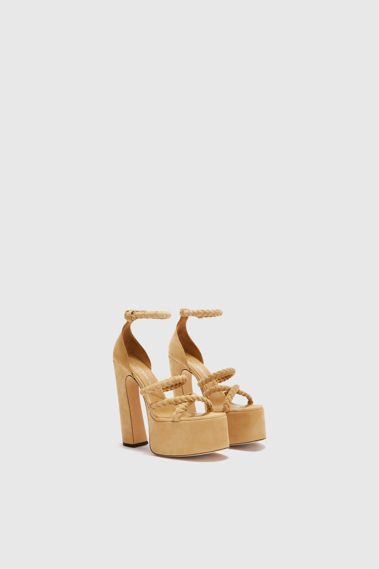 Platform in beige nuvolato suede with hand-woven straps