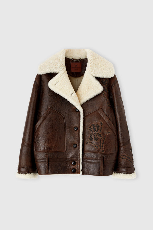 Embroidered oversize shearling jacket