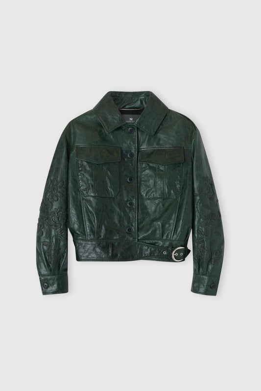 Single-breasted leather jacket with front pockets and handmade floral embroidery