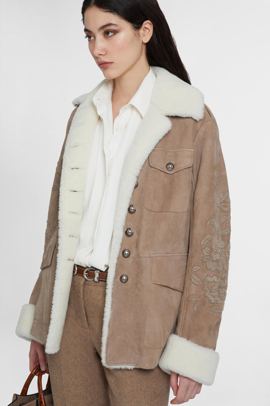 Lambskin jacket with embroidery and shearling lining