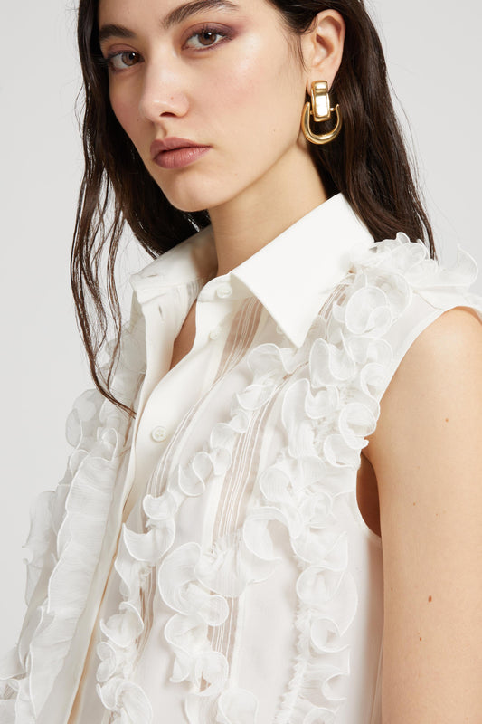 Silk sleeveless shirt with ruffles