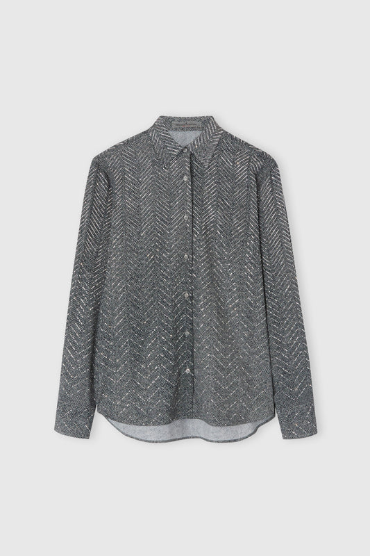 Viscose shirt with hand-applied crystals and herringbone pattern in shades of beige