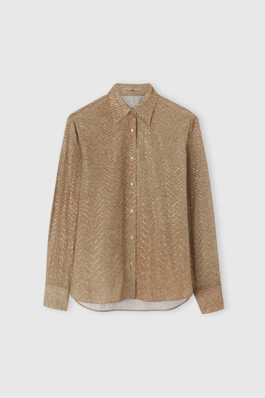 Viscose shirt with hand-applied crystals and a sigata pattern in shades of grey