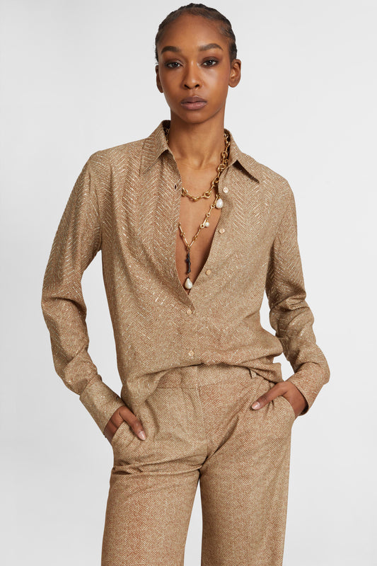 Viscose shirt with hand-applied crystals and a sigata pattern in shades of grey