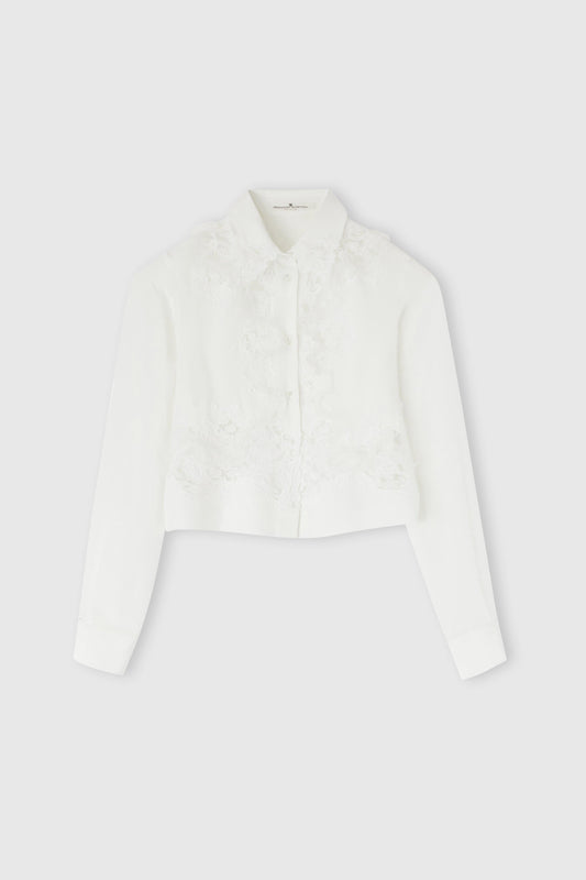 Stretch silk cropped shirt with embroidered lace