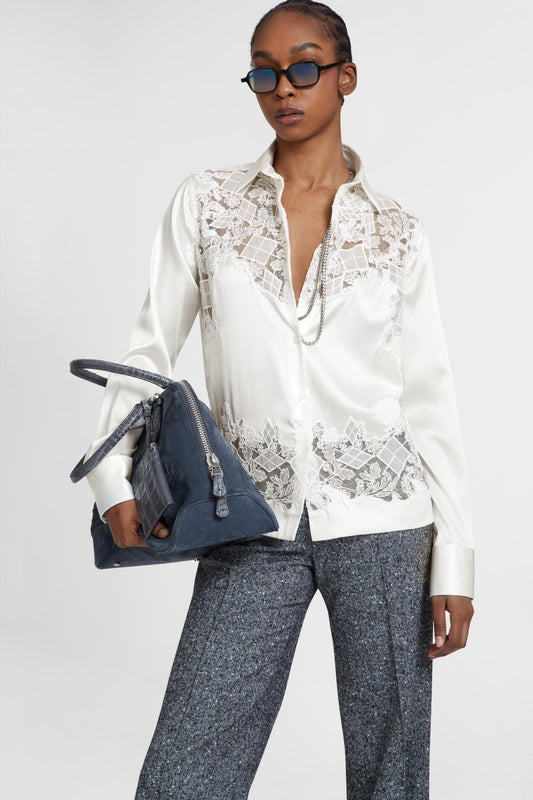 Stretch silk shirt with hand-embroidered lace insert