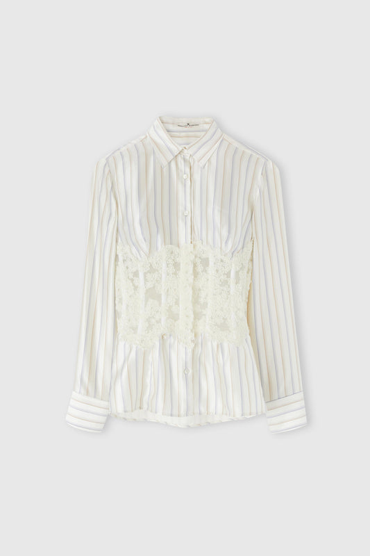 Printed silk shirt with rebrode lace bustier
