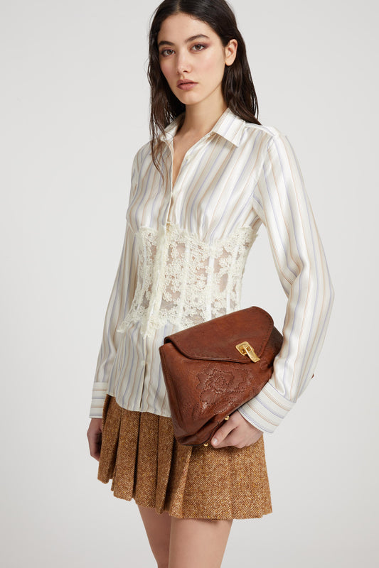 Printed silk shirt with rebrode lace bustier