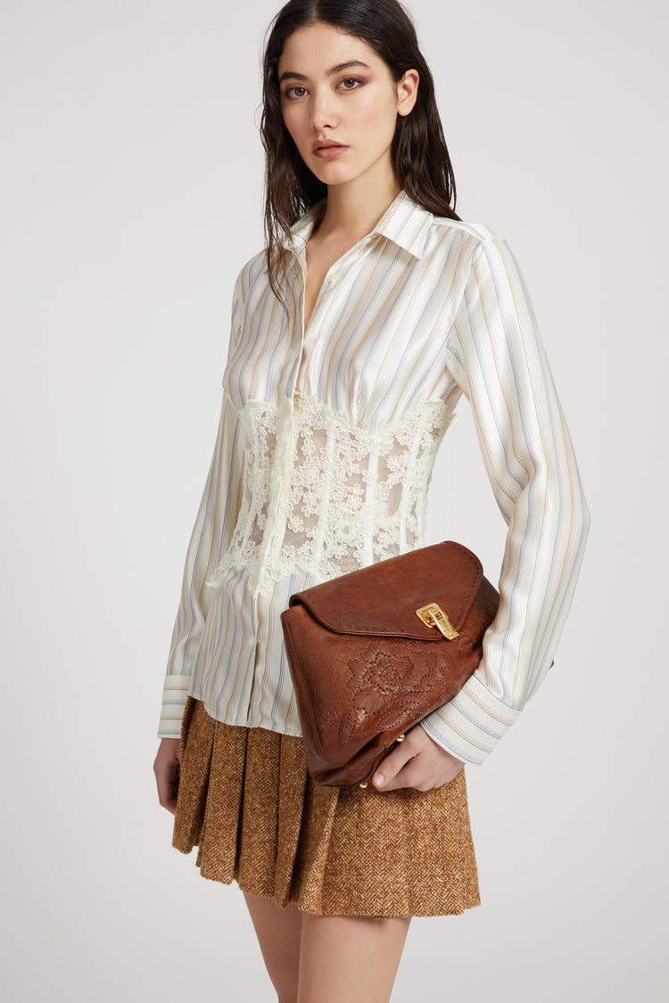 Printed silk shirt with rebrode lace bustier