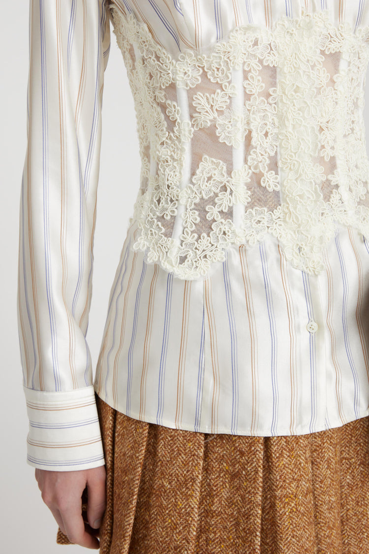 Printed silk shirt with rebrode lace bustier