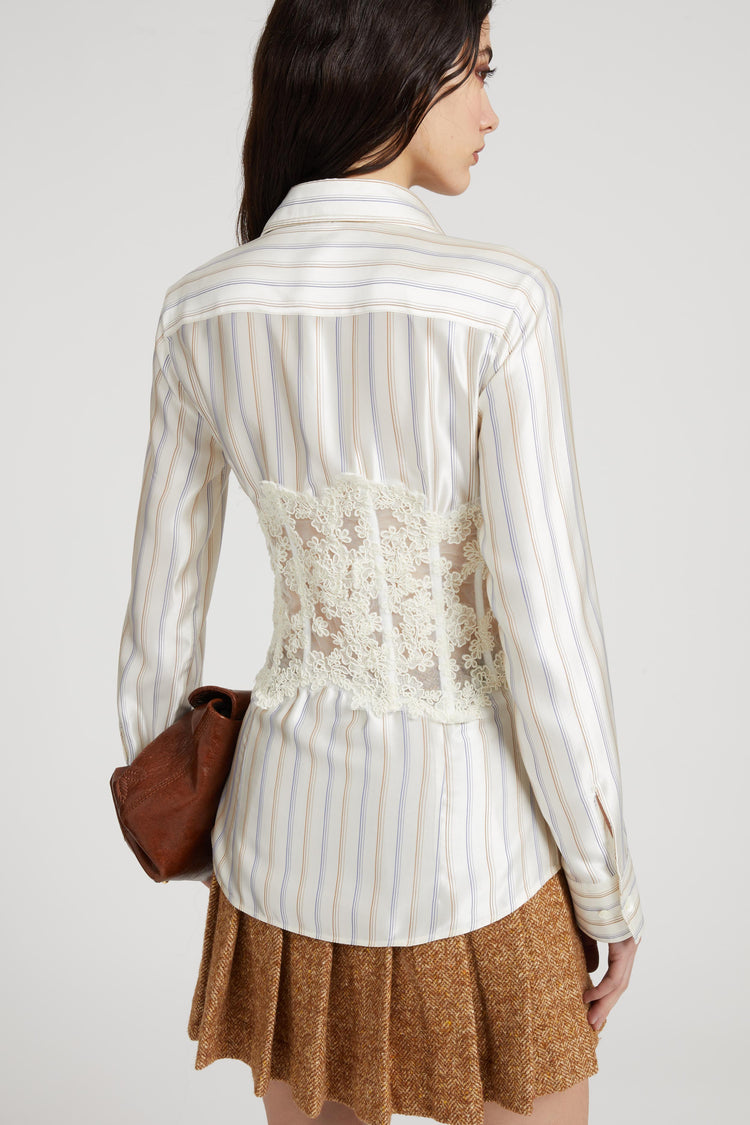 Printed silk shirt with rebrode lace bustier