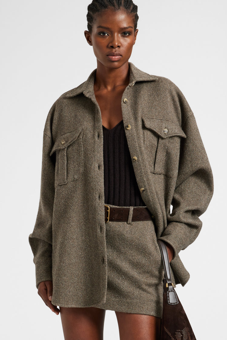 Camicia oversize in lana, seta e cashmere a spina di pesce