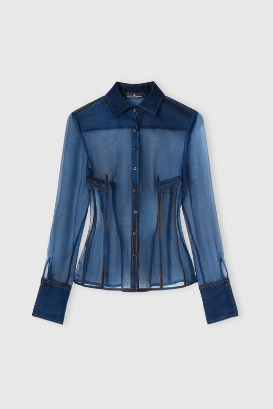 Camicia in organza di seta stampa jeans