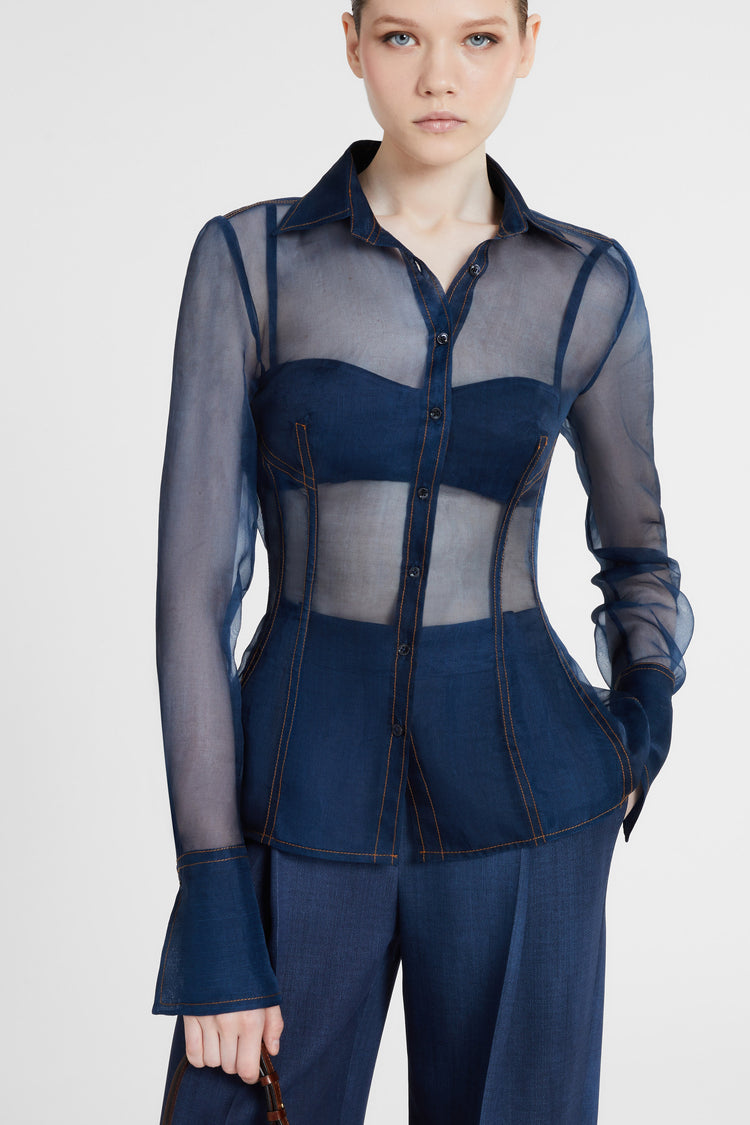 Camicia in organza di seta stampa jeans