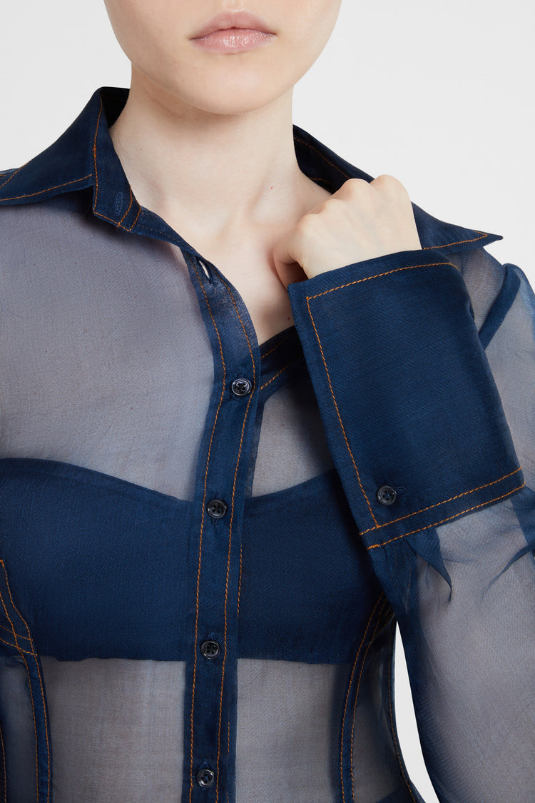 Camicia in organza di seta stampa jeans