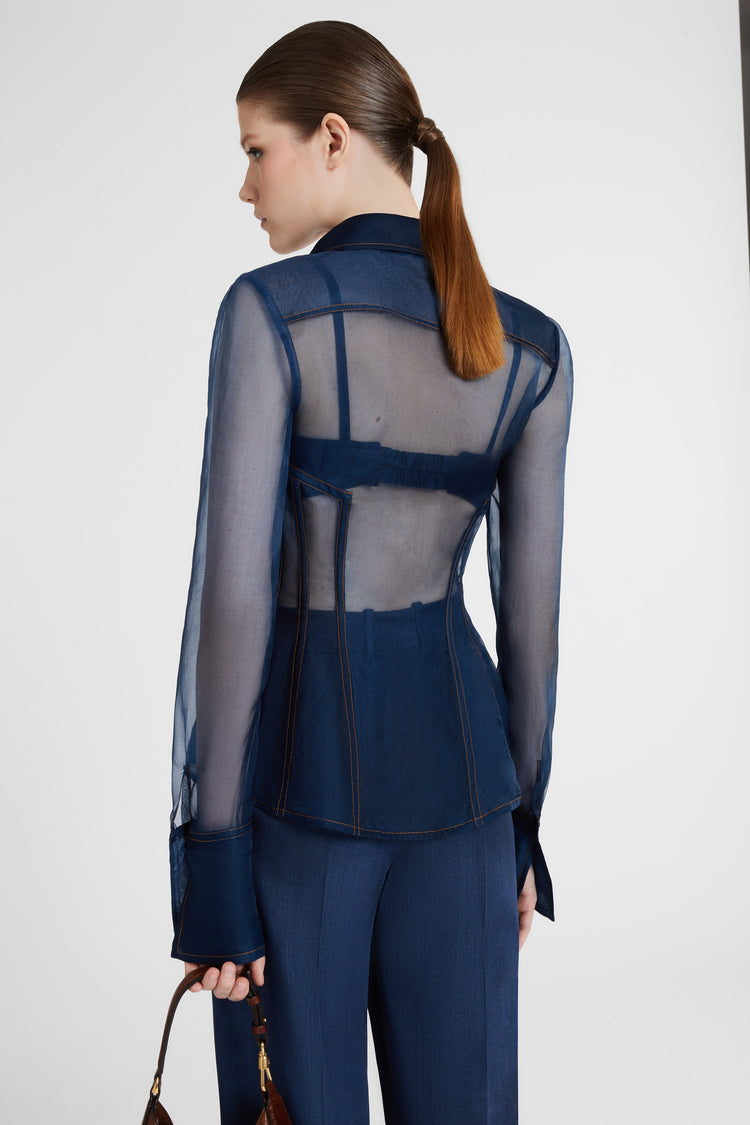 Camicia in organza di seta stampa jeans