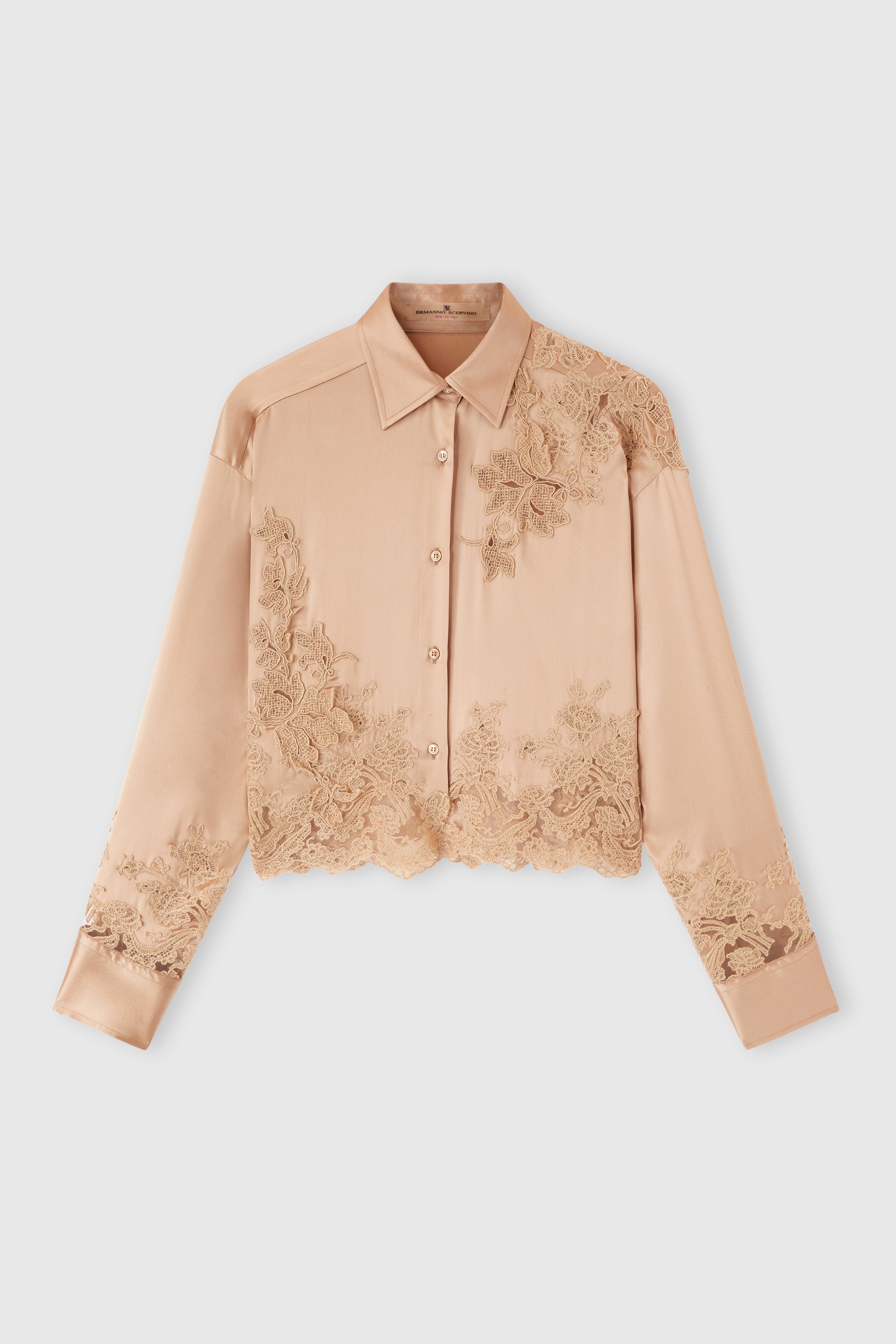 Camicia in satin di seta stretch con pizzo rebrodé bianco - Ermanno Scervino
