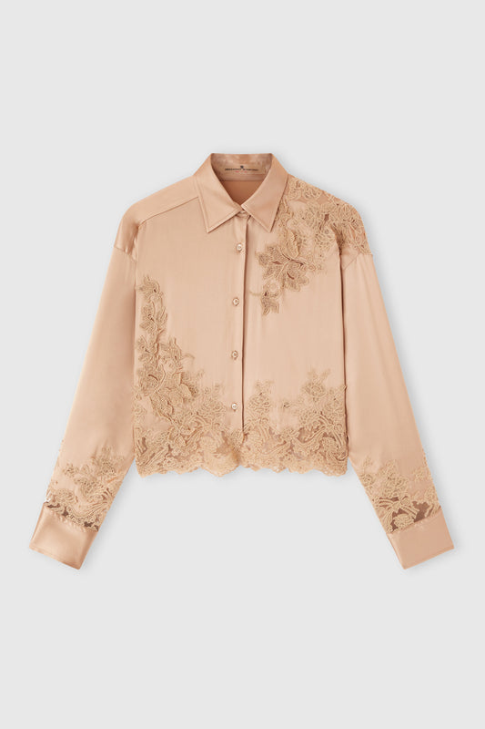 Stretch silk satin shirt with lace inserts