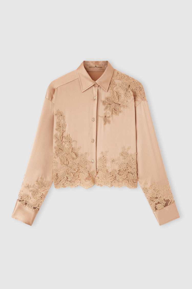 Camicia in satin di seta stretch con applicazioni in pizzo