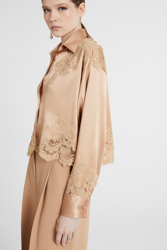 Stretch silk satin shirt with lace inserts