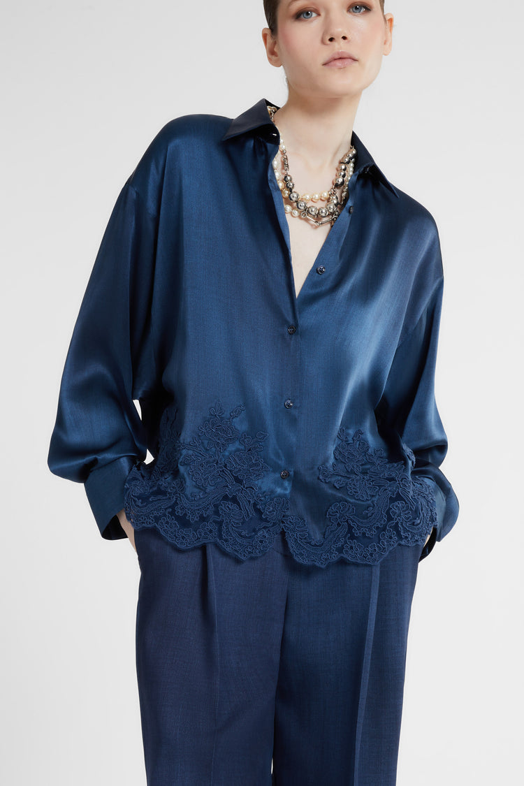 Camicia in pura seta stampa jeans con motivo in pizzo
