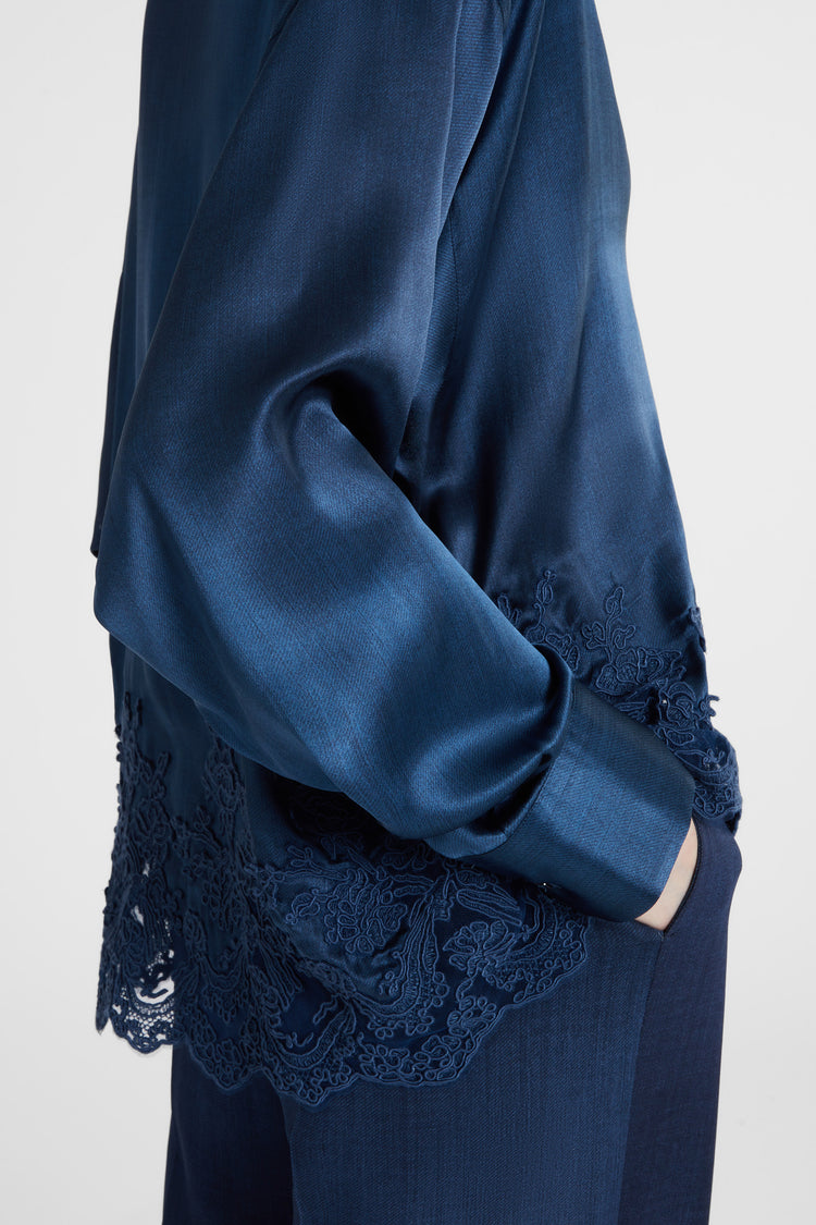 Camicia in pura seta stampa jeans con motivo in pizzo