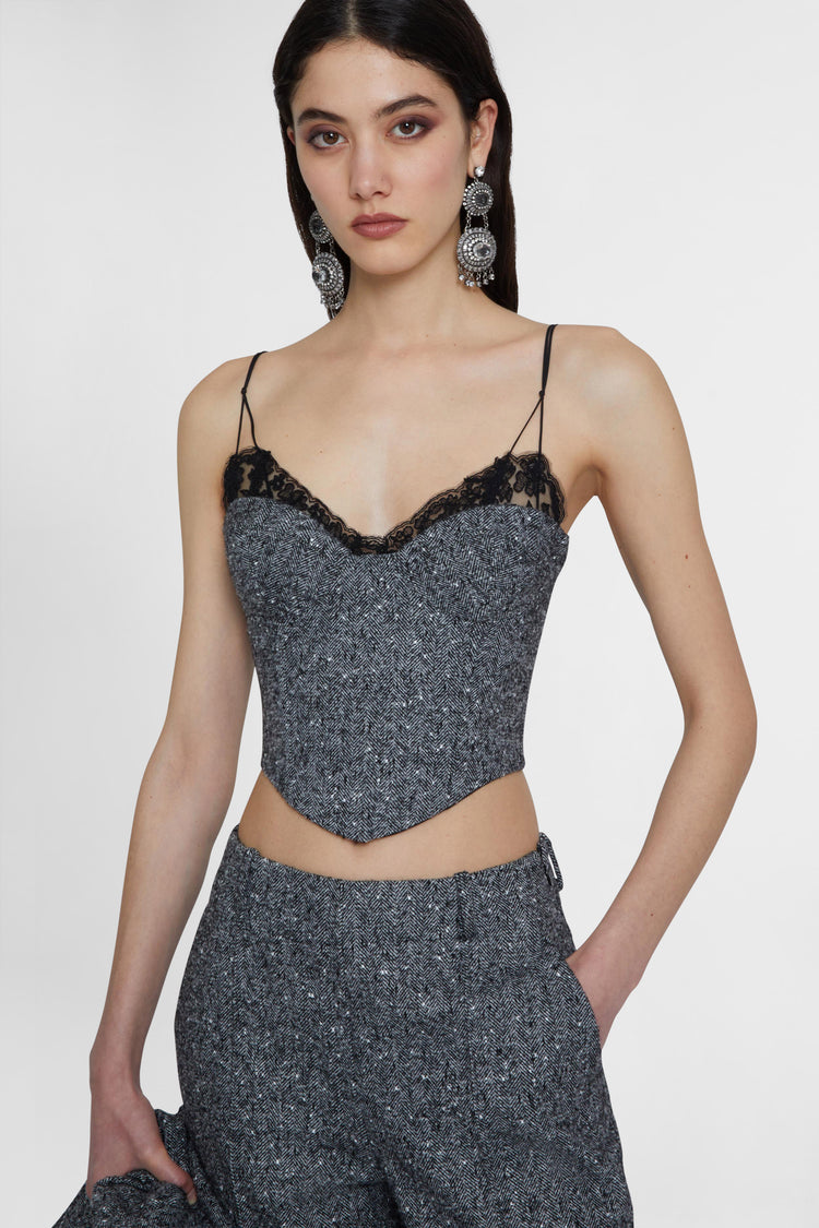 Wool blend bustier top with herringbone print