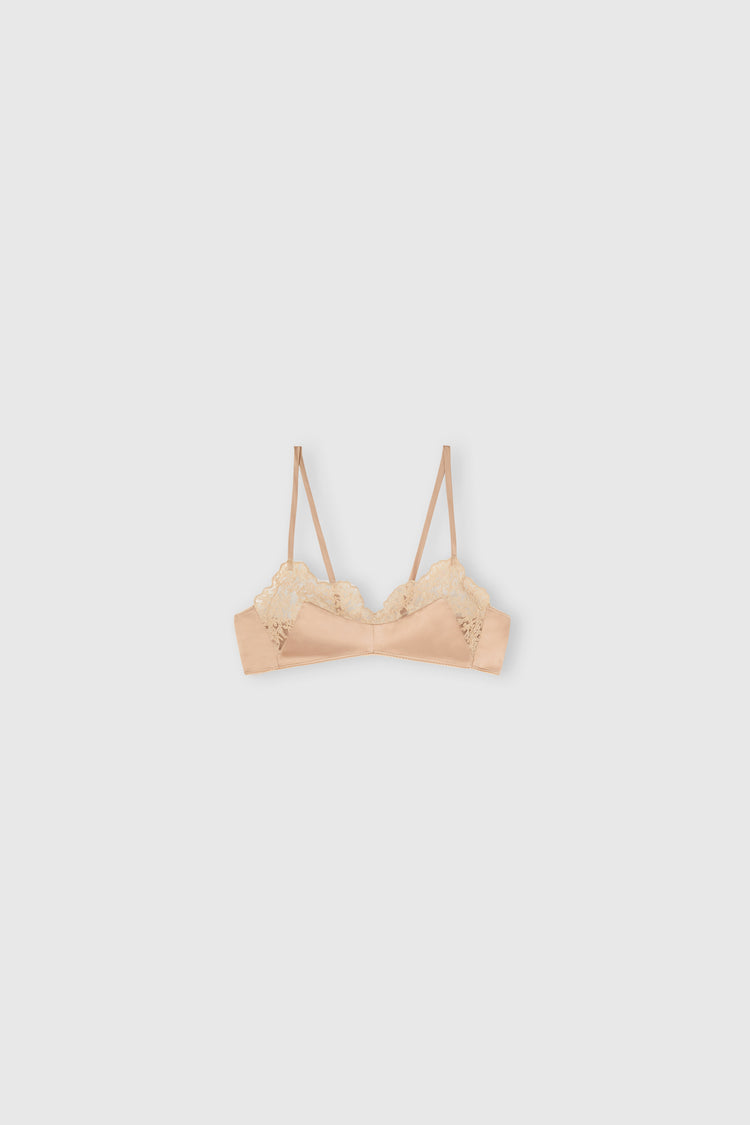 Bra destrutturato in satin di seta con applicazione in pizzo