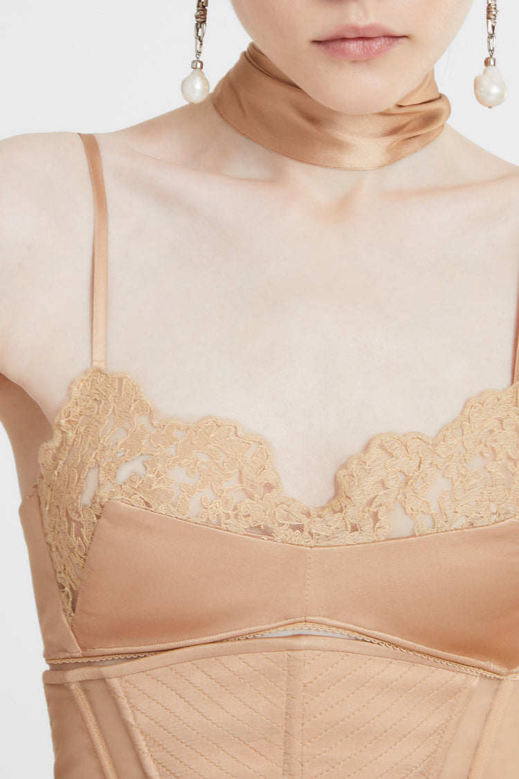 Bra destrutturato in satin di seta con applicazione in pizzo