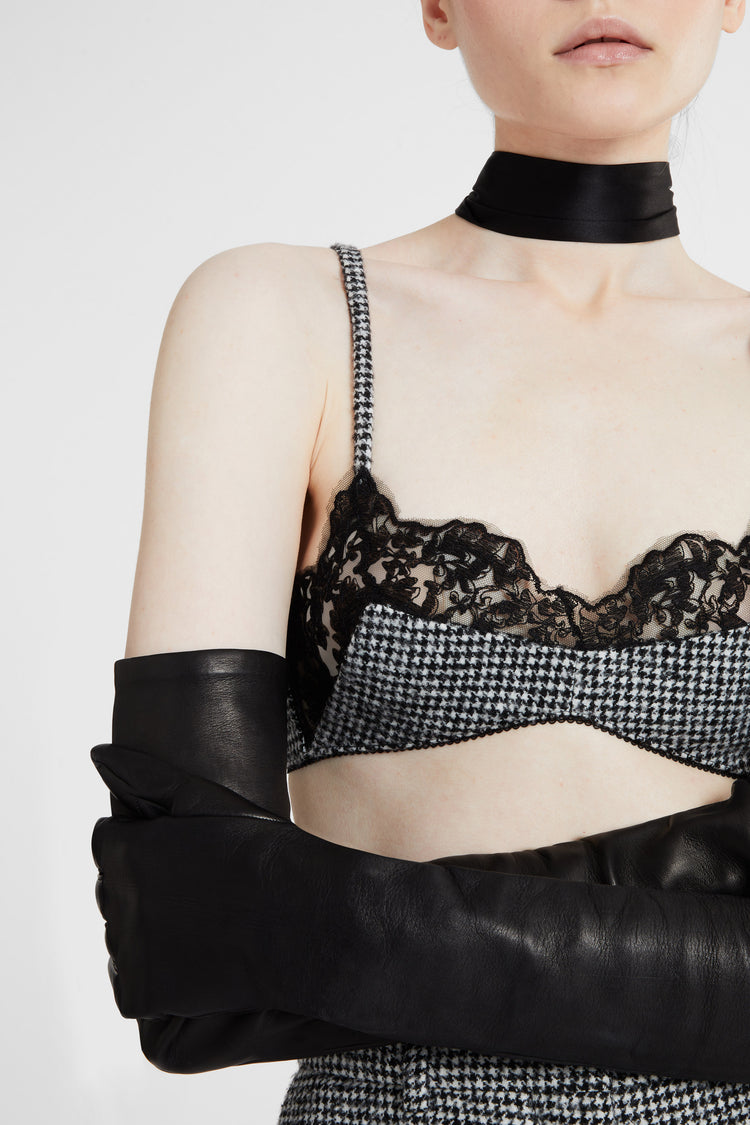 Unstructured wool blend bra with pied de poule pattern and lace applications