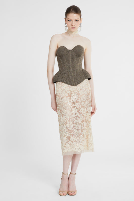 Structured bustier in wool, silk and cashmere herringbone