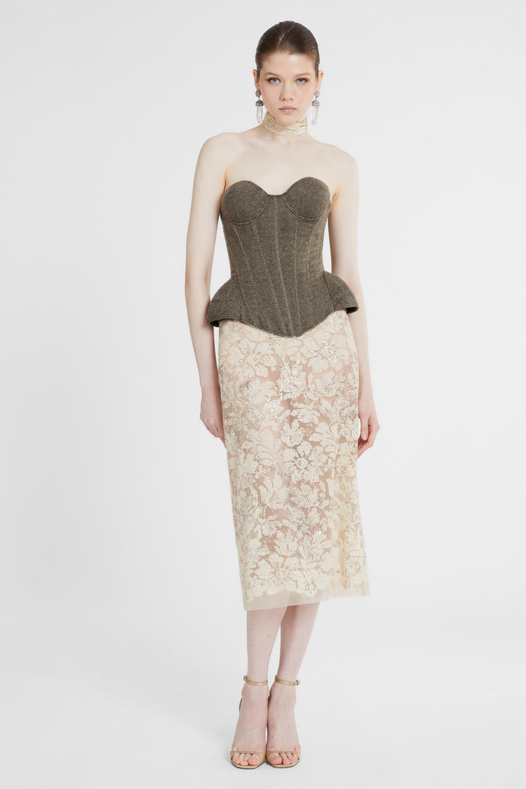 Structured bustier in wool, silk and cashmere herringbone