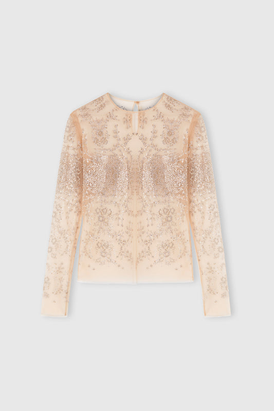 Tulle top with all-over crystal embroidery