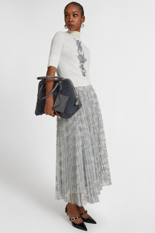 Pleated midi skirt with embroidered argyle motif
