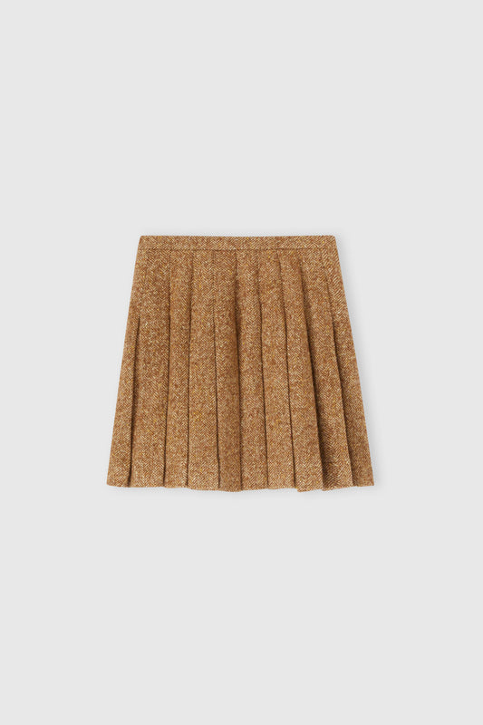 Wool blend pleated mini skirt with herringbone pattern
